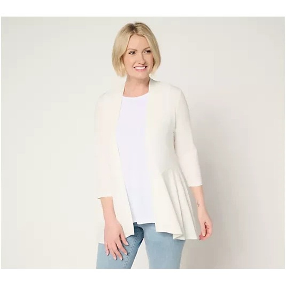 Susan Graver Liquid Knit 3/4 Sleeve Cardigan with Peplum Cream Petal,X-Large
